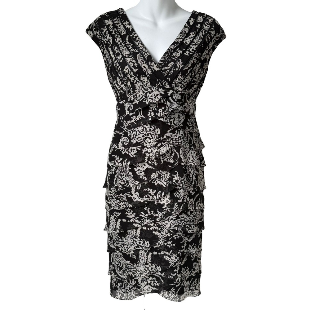 Adrianna Papell Sheath Dress Women 4 Black White Tiered Ruffle Paisley Floral